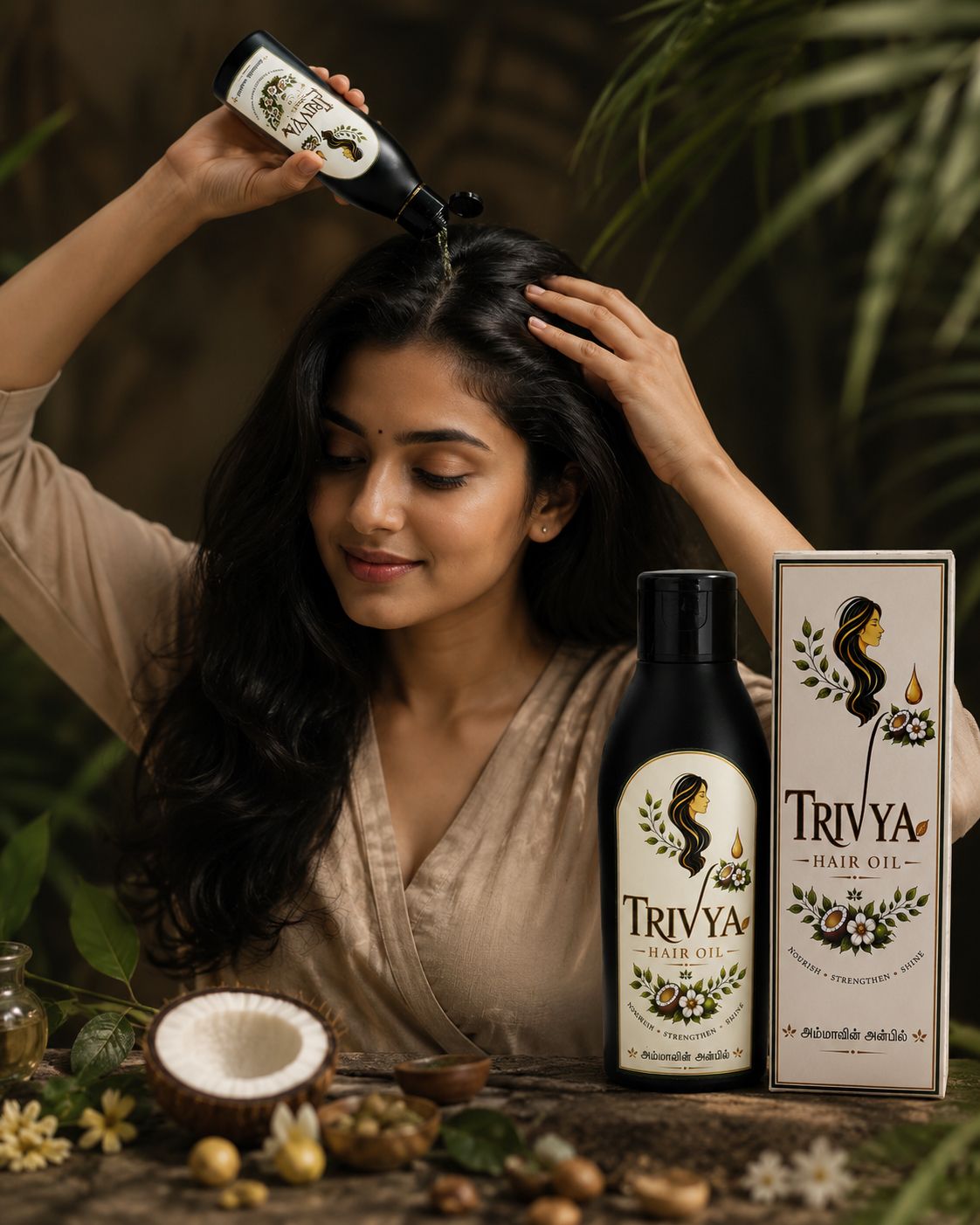 Woman applying Trivya Hair Oil